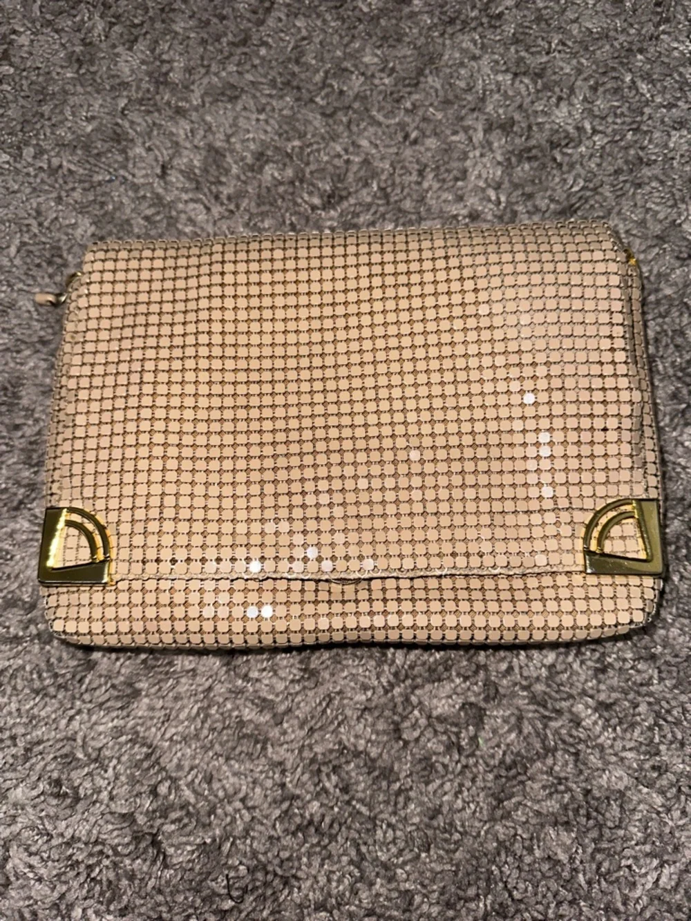 Metallic Beige Mesh Wristlet Clutch with Gold Accents